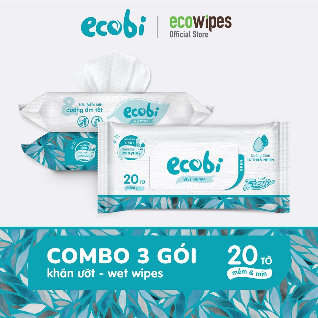 Combo 3 gói khăn ướt cho bé Ecobi gói 20 tờ không mùi không paraben an toàn cho làn da của bé