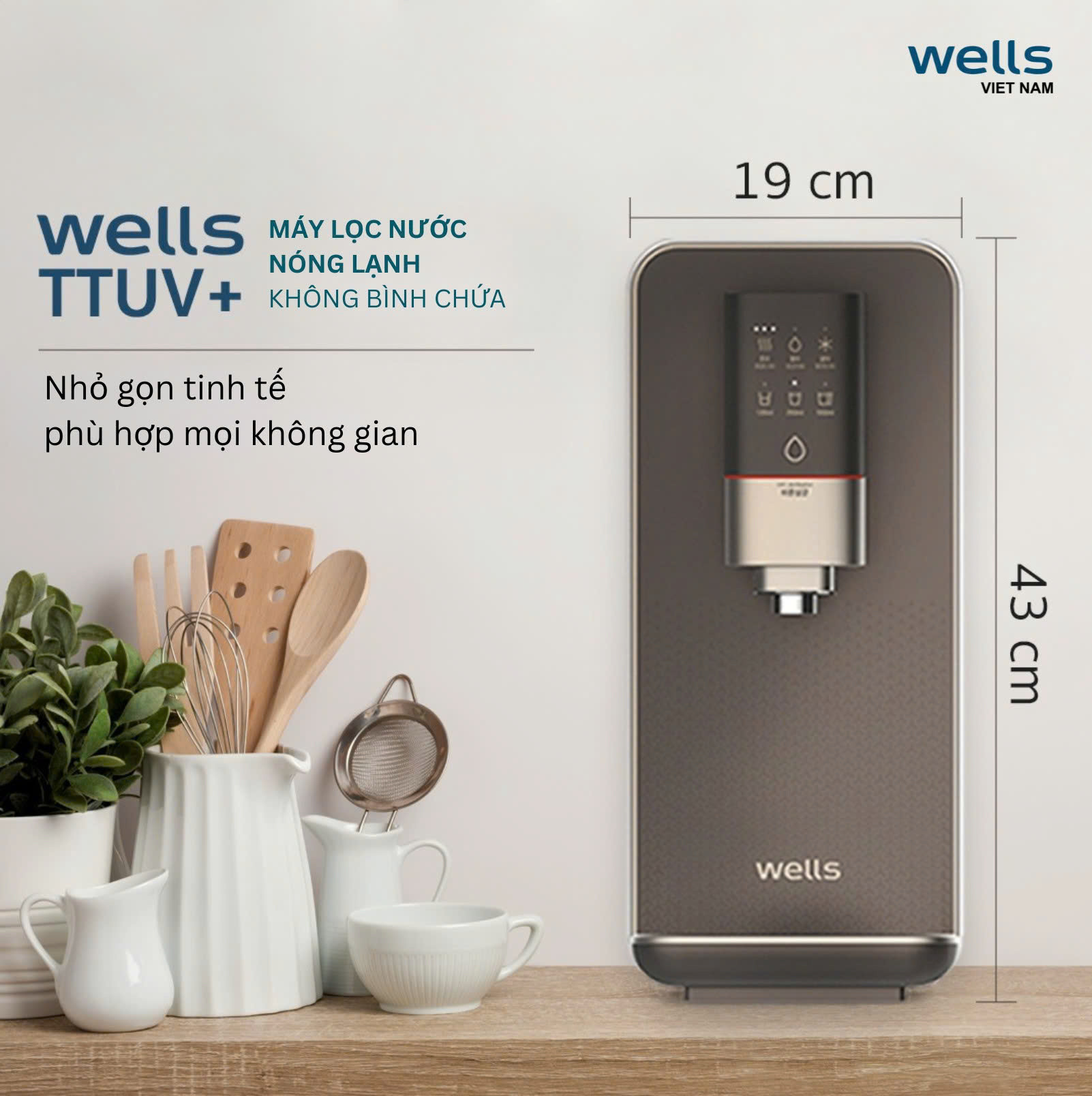 Máy Lọc Nước Wells TT UV+, Diệt Khuẩn UV 99.9%, Tankless Lọc Trực Tiếp,Carbon Plus &amp; Nano Clean - Hàng chính hãng