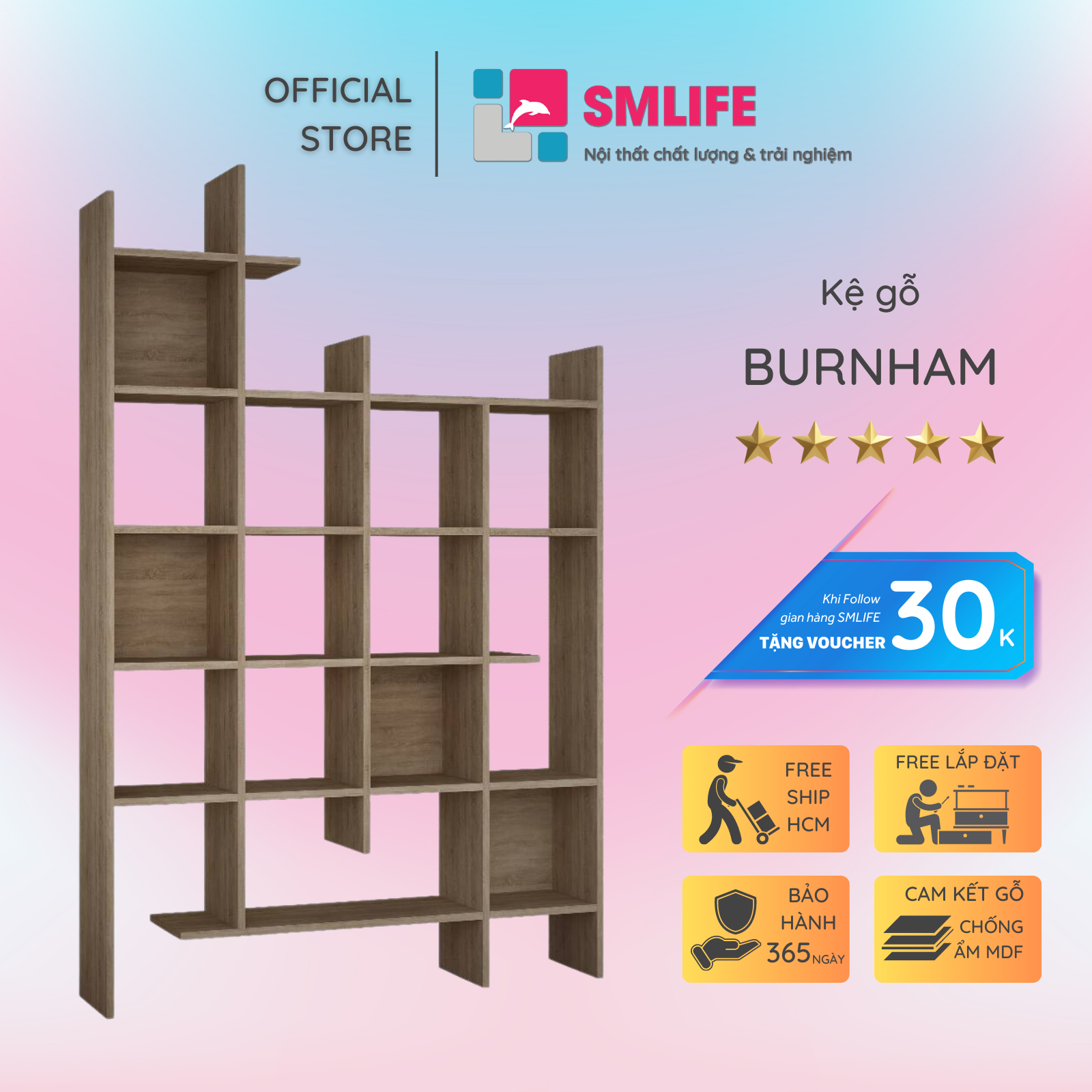 Giá sách bằng gỗ cho gia đình SMLIFE Burnham