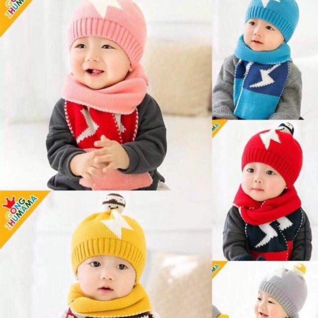 Mũ len hình tia chớp kèm khăn quàng cổ cho bé, mũ len ấm áp và đẹp lắm