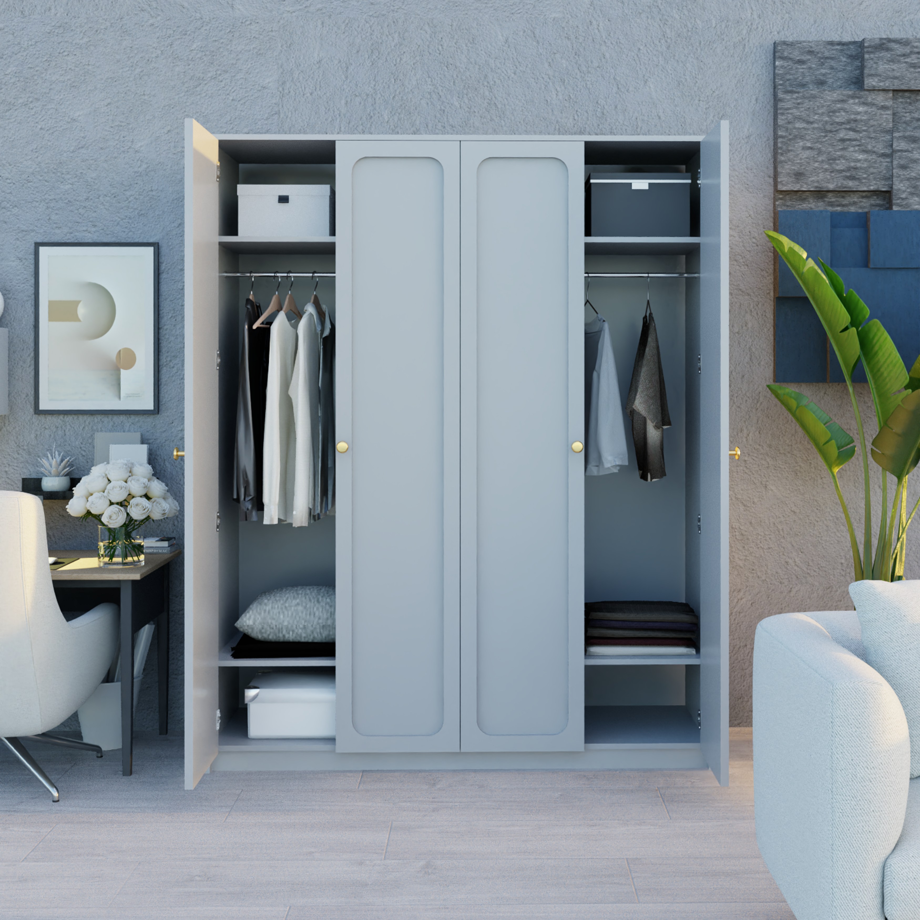 ELEGANT, Tủ quần áo 4 cửa mở 1m6x2m, 160cm x 54cm x 200cm , TCM_084