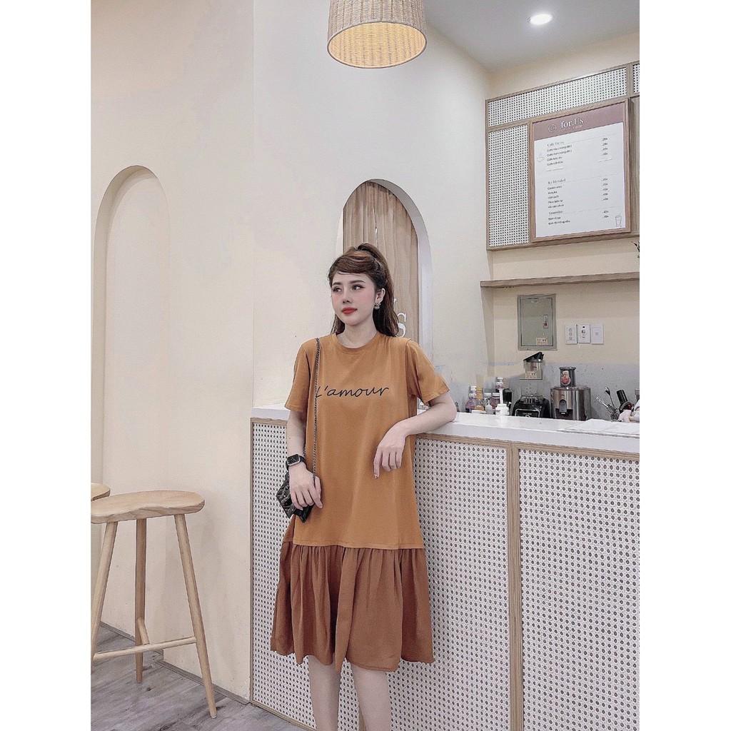 Váy suông thun cotton chân xếp kiểu phối màu, đầm xuông rộng freesize in chữ màu đen, nâu, be mã V238 - michi's House