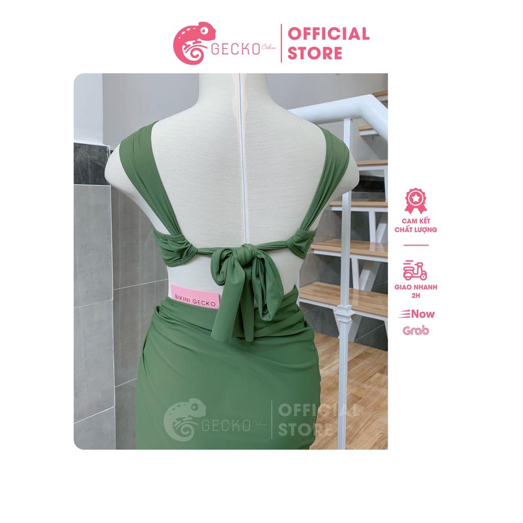 Set Bikini Đồ Bơi 3 Món Hồ Ngọc Hà Áo Khoen Tròn Váy Xoắn Eo Xanh Rêu Va Đen GK0321 (Ảnh Video, Màu Thật)