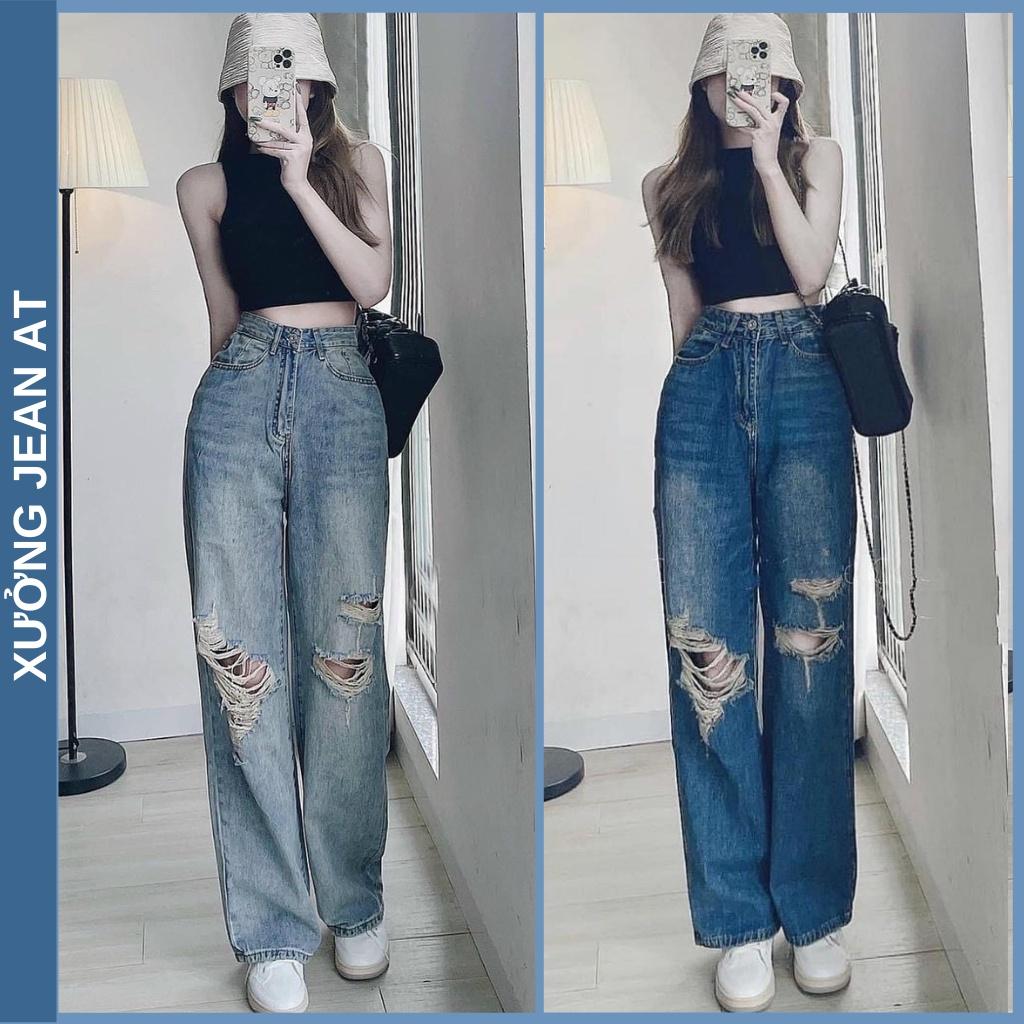 Quần Jean Nữ Ống Rộng Rách Gối Lớn Màu Xanh Nhạt Và Xanh Đậm Dáng Suông Chất Bò Dày Dặn 552 309