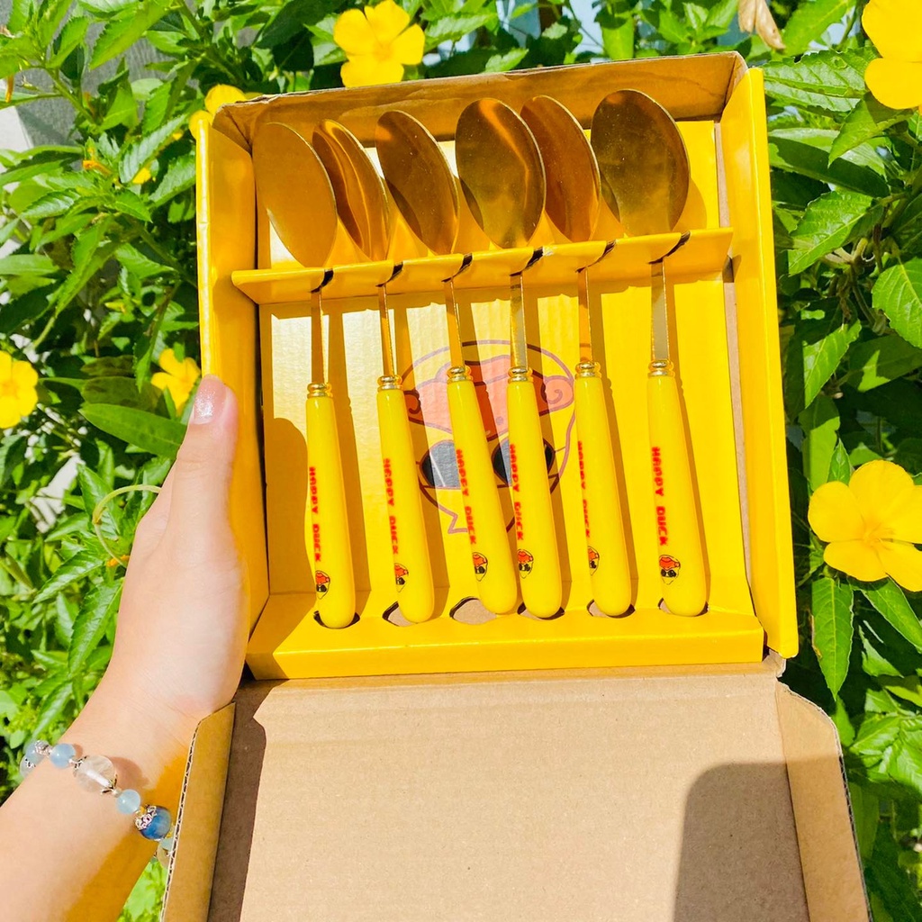 Set 6 thìa vịt vàng dễ thương kèm vỏ hộp xinh xắn - Bộ 6 muỗng hình vịt mạ vàng