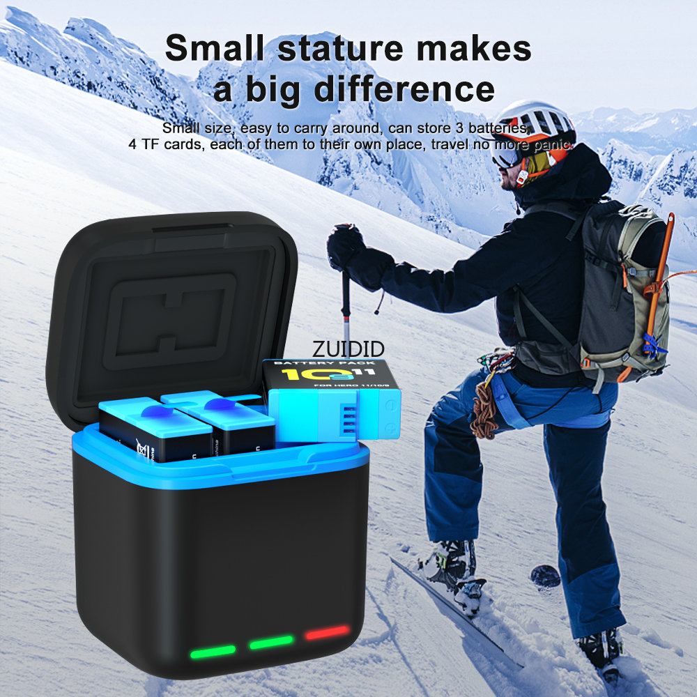 Pin cho GoPro Hero 11 10 Camera 3 cách Bộ sạc thông minh Bộ sạc pin Hộp lưu trữ cho GoPro 9 10 Bộ phụ kiện màu đen