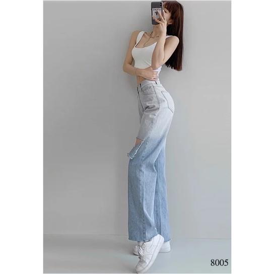 Quần jeans nữ ống rộng wash hai màu