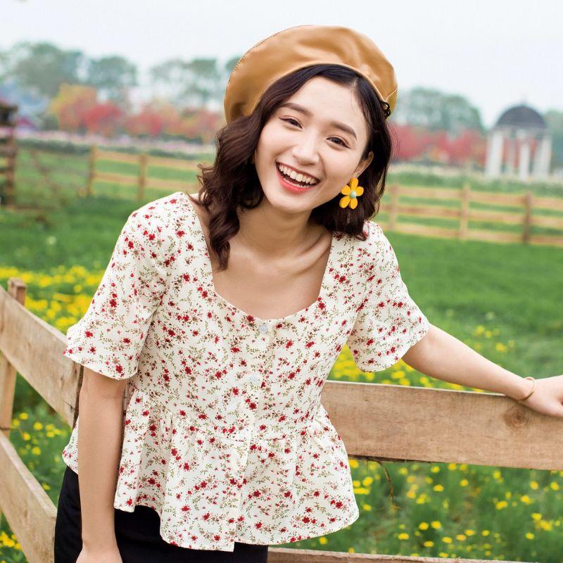 Áo sơmi nữ hoa nhí Freesize cổ vuông