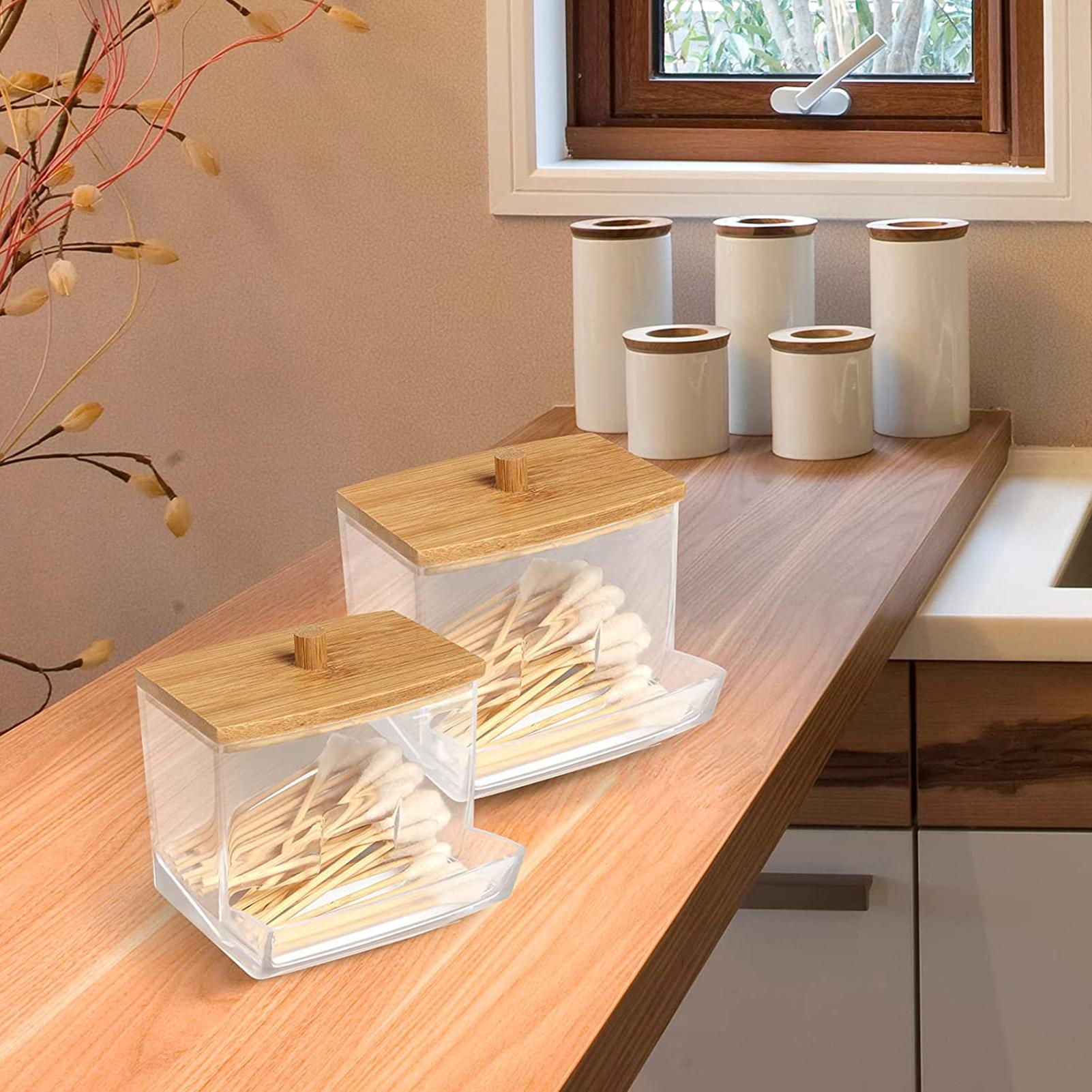 Giá đỡ lưu trữ bông gạc acrylic, tăm bông trong suốt với nắp bằng tre