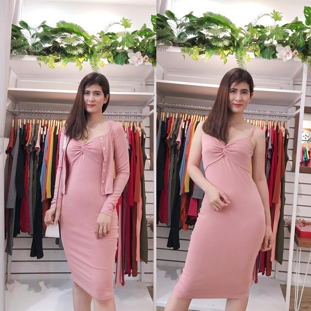F497 ĐẦM ÔM BODY 2 DÂY XOẮN NGỰC KÈM ÁO KHOÁT