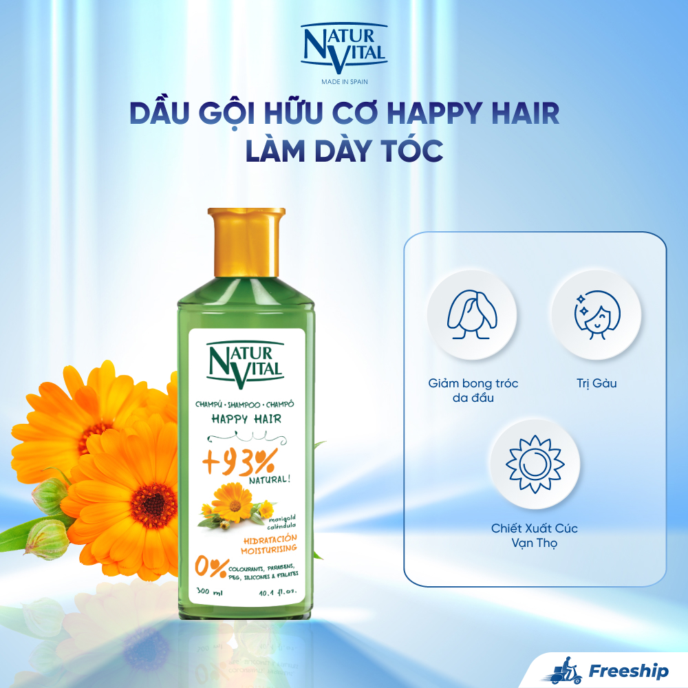 Dầu Gội Hữu Cơ NaturVital Happy Hair Chiết Xuất Cúc Vạn Thọ Giúp Dưỡng Ẩm, Làm Dày Tóc, Giảm Thiểu Bong Tróc & Khô Da Dầu