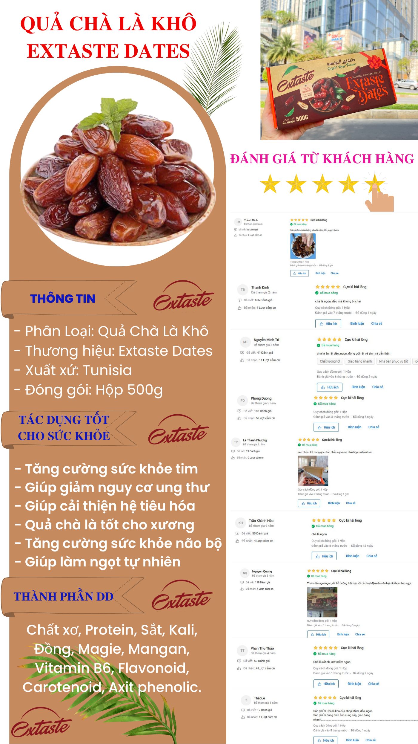 Chà là khô Extaste Dates Deglet Nour Tunisia - Chín Tự Nhiên, Mềm, Mịn Dẻo, thơm ngon tới quả cuối cùng