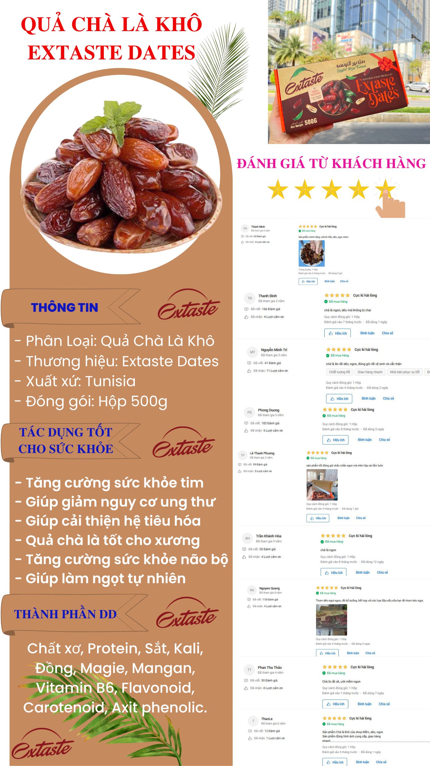 Chà là khô Extaste Dates Deglet Nour Tunisia chín tự nhiên, ngọt tự nhiên, mềm, dẻo mịn Quà Tết (500g/Hộp) - QuaTangMe Extaste