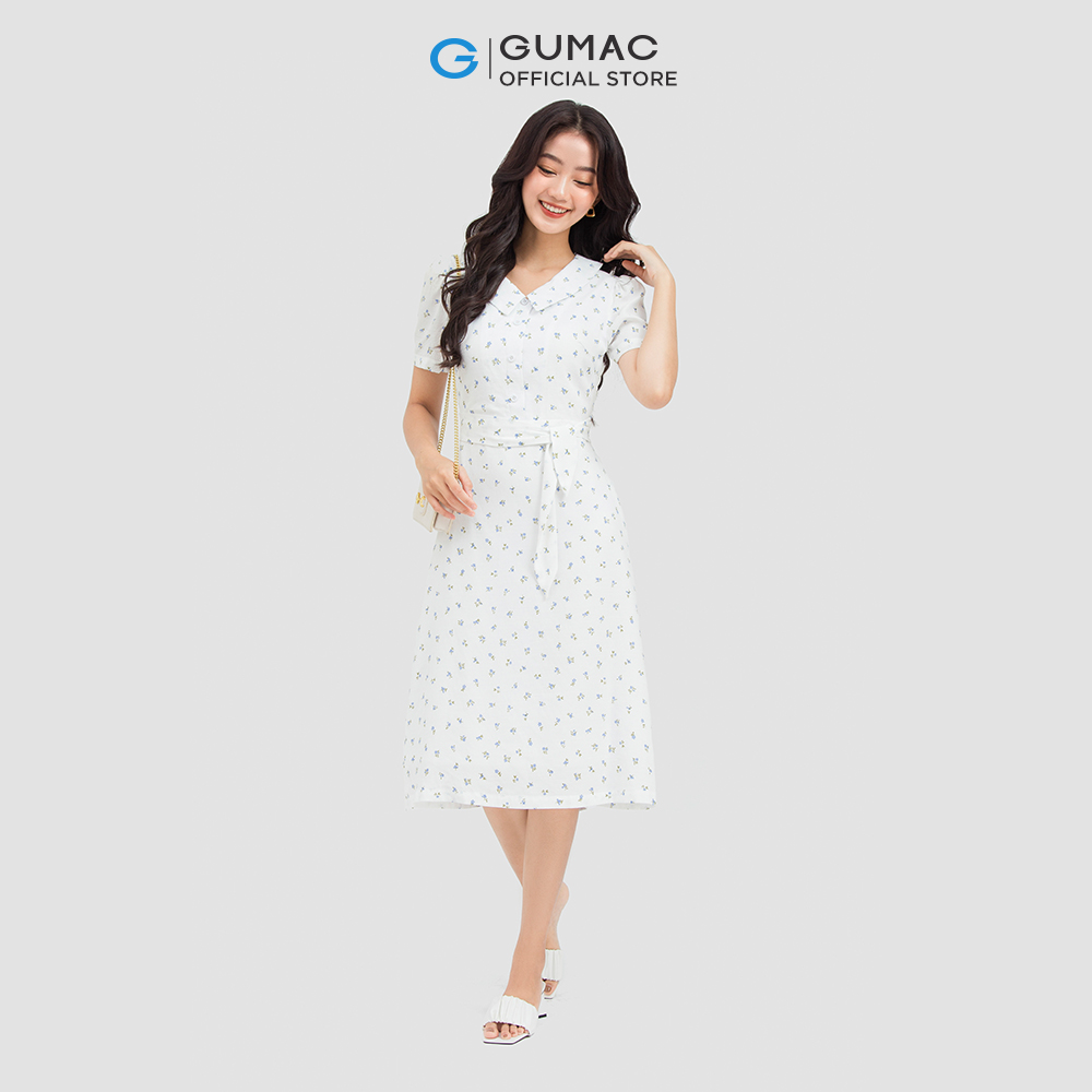 Đầm form A GUMAC DC09083 buộc nơ eo họa tiết cổ bâu sen nữ tính