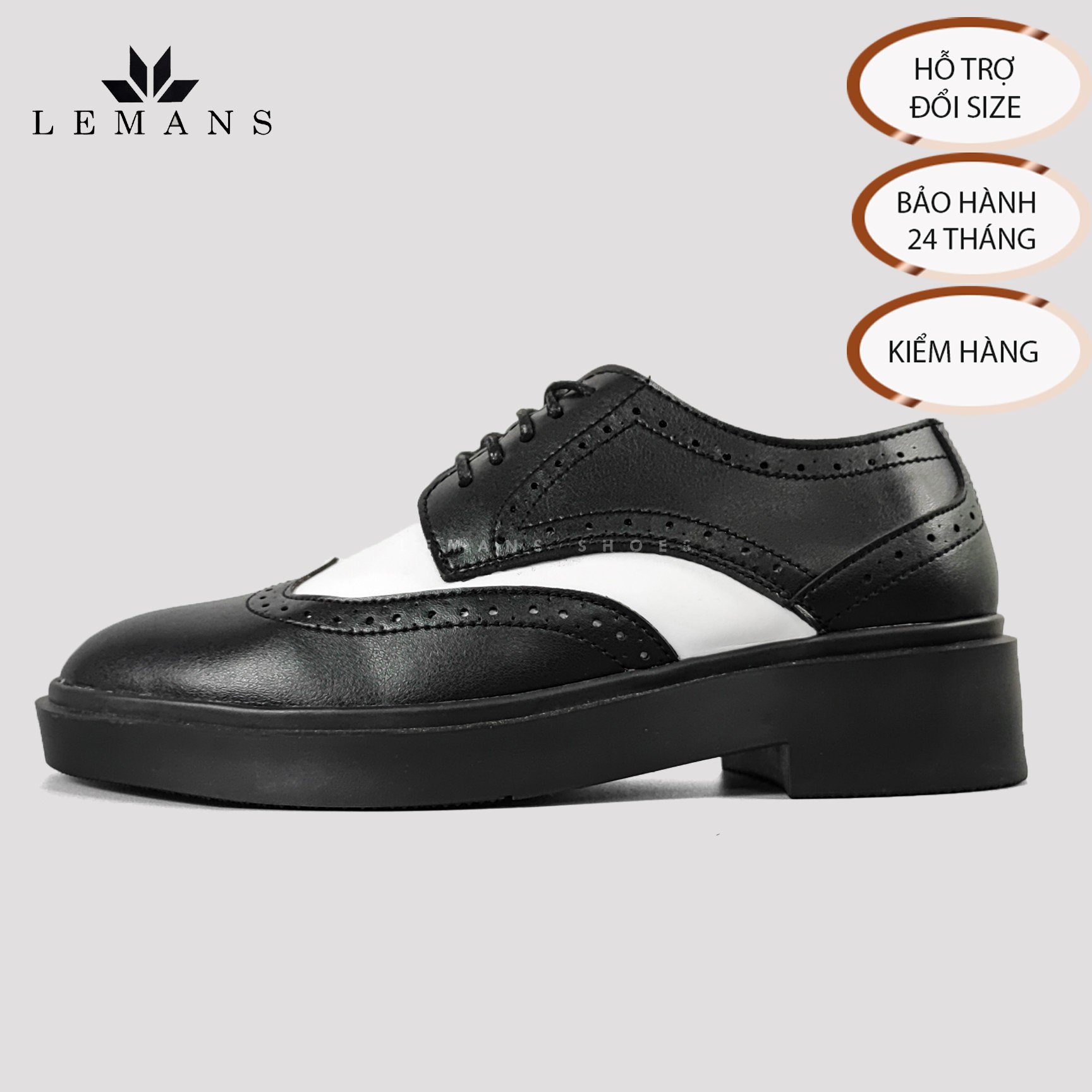 [TẶNG XI TRẮNG] Giày Derby Wingtip Black White LEMANS, Da bò đế Lemans tăng cao 4cm Bảo hành 12-24 tháng