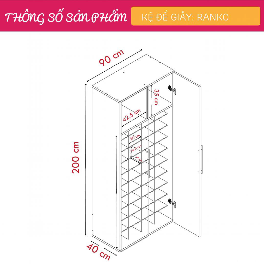 Kệ để giầy gỗ hiện đại SMLIFE Ranko | Gỗ MDF dày 17mm chống ẩm | D90xR40xC200cm