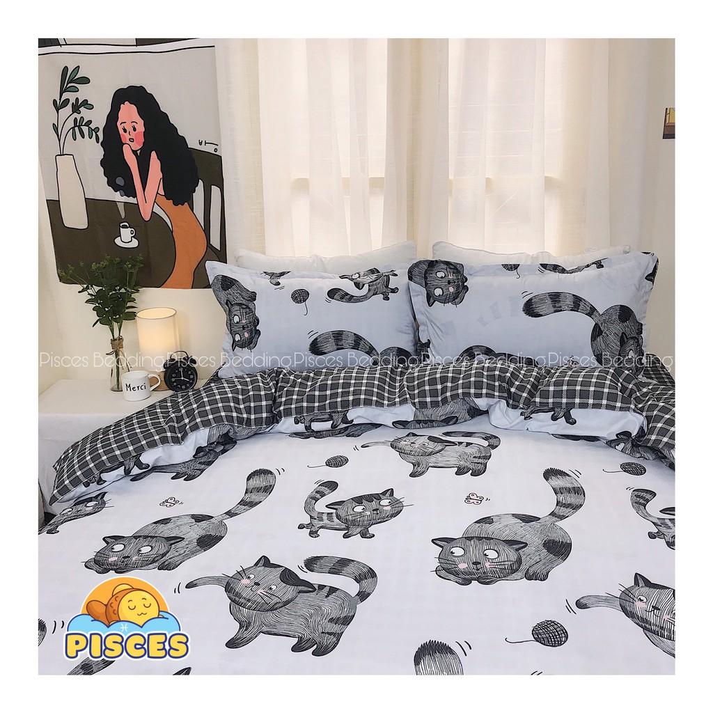 Bộ Chăn Ga Gối Cotton Poly Hình Mèo Đen Dễ Thương, Chất Vải Không Xù, Không Phai Màu
