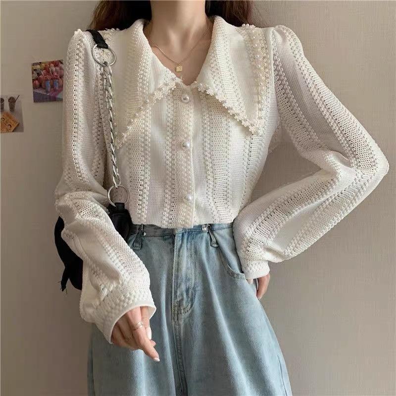 MS687 Áo sơ mi cổ tam giác voan ren cúc ngọc
