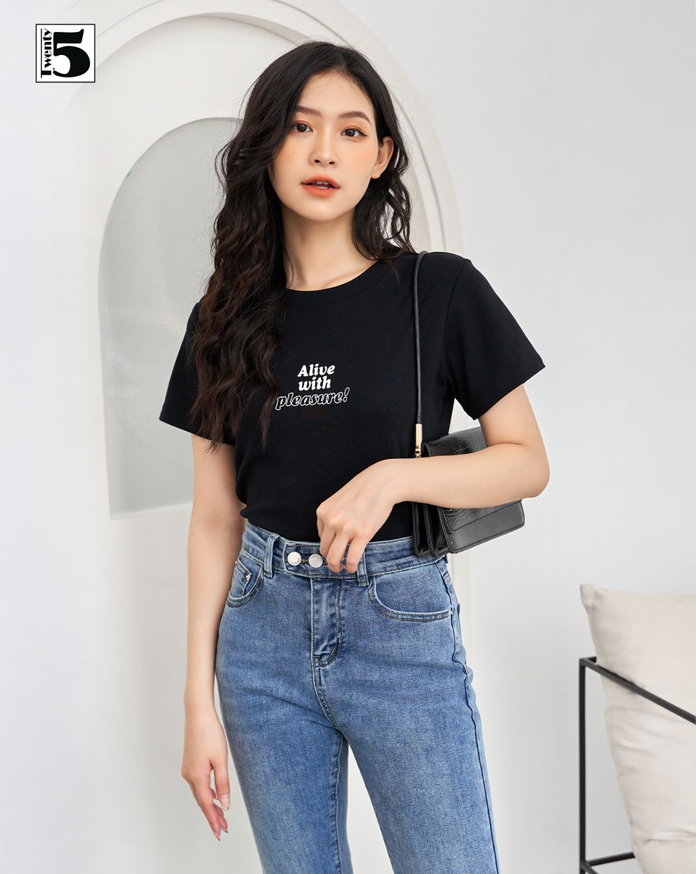 Quần jeans nữ ống loe lưng cao cạp 2 cúc co dãn Twentyfive 3787