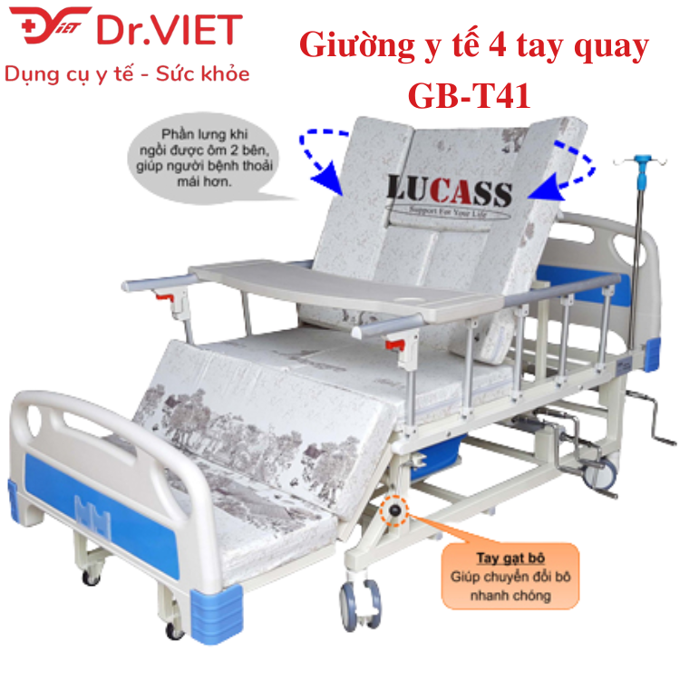 Giường bệnh nhân đa năng 4 tay quay Lucass GB-C41 (GB-T41) Chính hãng - Nâng chân, nghiêng lưng, nâng đầu, có bô vệ sinh, chậu gội đầu