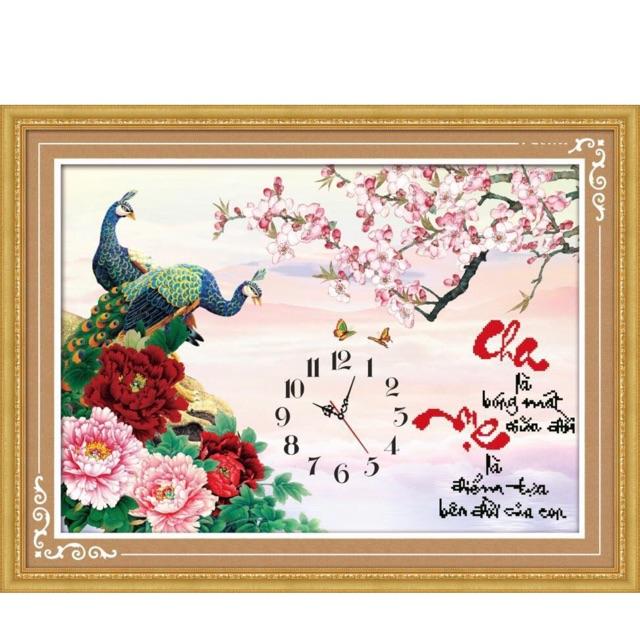 Tranh thêu chữ thập đồng hồ cha mẹ kt 48x36 cm/ Tranh đính đá kt 60x45 cm