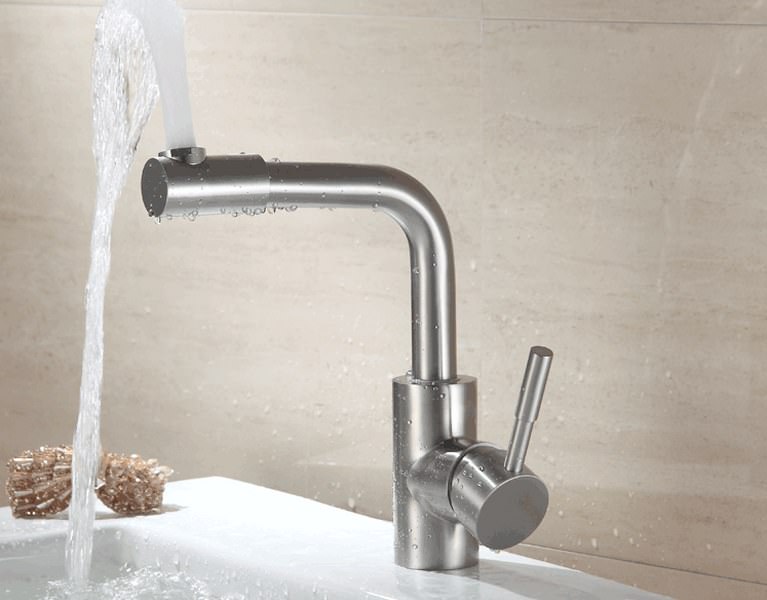 Vòi Lavabo nóng lạnh cần uốn vuông đầu xoay 360 SUS304 + 2 dây cấp