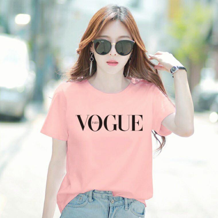 Áo thun nữ cổ tròn form rộng thun cotton 4 chiều phong cách Hàn Quốc in chữ Vogue ( ANU018 )