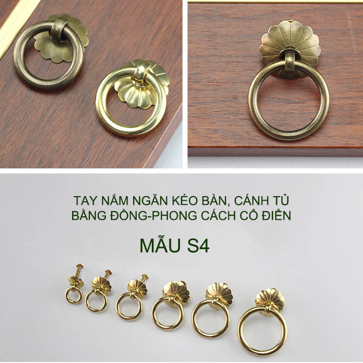 01 Tay nắm cửa, ngăn kéo bàn làm bằng đồng đặc phong cách cổ điển (mẫu S4)