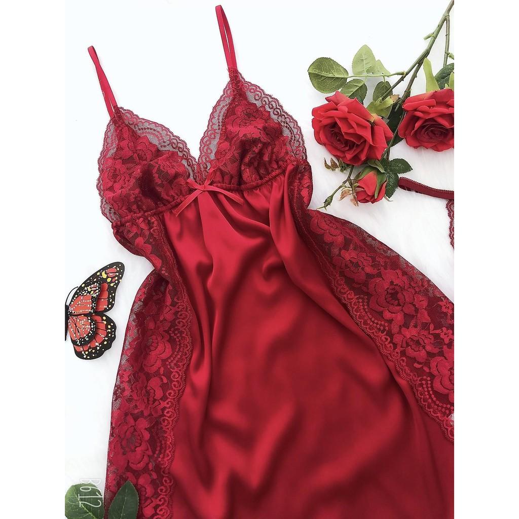 Váy ngủ lụa phối ren hông 2 bên sexy-Màu đỏ