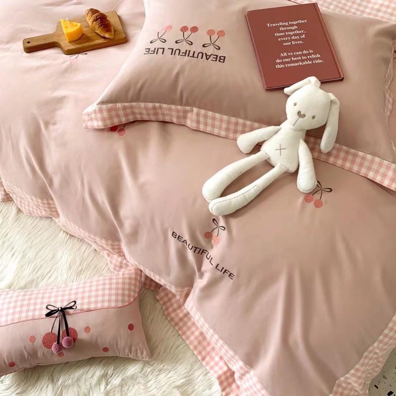 Bộ Chăn Ga Gối Lụa Tencel Thêu Hàng Nhập Khẩu Cao Cấp 5 Món Cherry Mộng Mơ