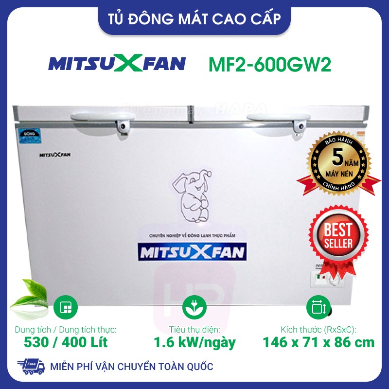 [MIỄN PHÍ VẬN CHUYỂN] Tủ Đông Kết Hợp Tủ Mát Cao Cấp Mitsuxfan MF2-600GW2 - 2 Ngăn, 2 Cửa, 530 Lít/ 400 Lít, Thân tủ dày, Đúc nguyên khối, Kháng khuẩn phân tử bạc, Inverter tiết kiệm điện - Giao toàn quốc, Hàng Chính Hãng