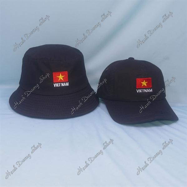 Set Nón Cặp Bucket &amp; Cap thêu lá cờ Việt Nam (LCV01); (NSV01) - Đen