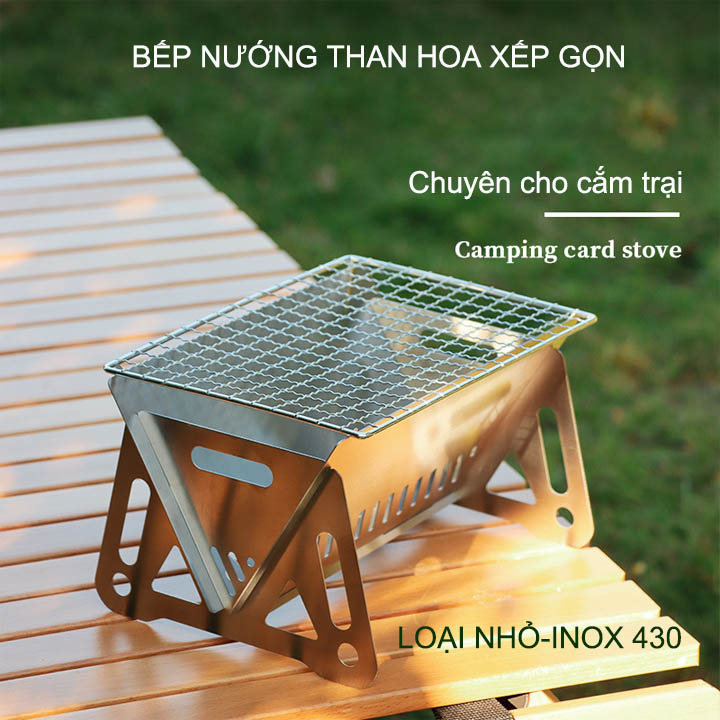 Bếp nướng than hoa bằng inox 430, loại nhỏ 21x16cm có thể xếp gọn, chuyên dùng cho cắm trại, picnic