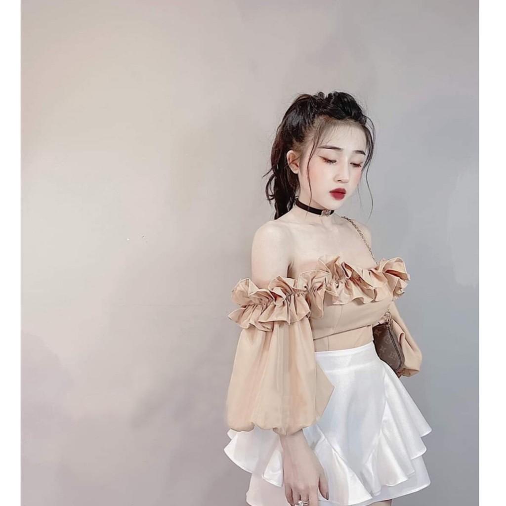 Sét Áo Trễ Vai Tay Nhúm Bèo Phối Chân Váy Xòe Cánh ( 2 Màu Kem , Đen ) Kiểu Dáng Trẻ Trung Cá Tính - Winchois