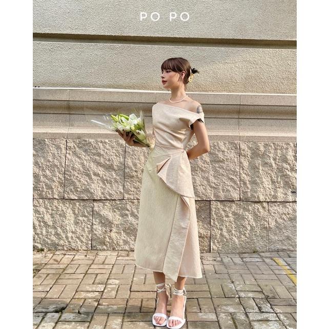 ROSE DRESS Đầm trễ vai gân sóng xếp 1 bên