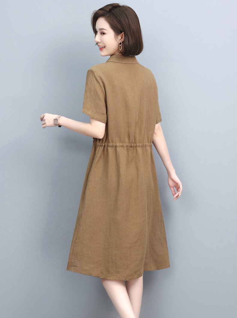 Đầm linen nữ cổ sơ mi ngắn tay kèm dây thát eo, thời trang công sở cho nữ đi làm Haint Boutique