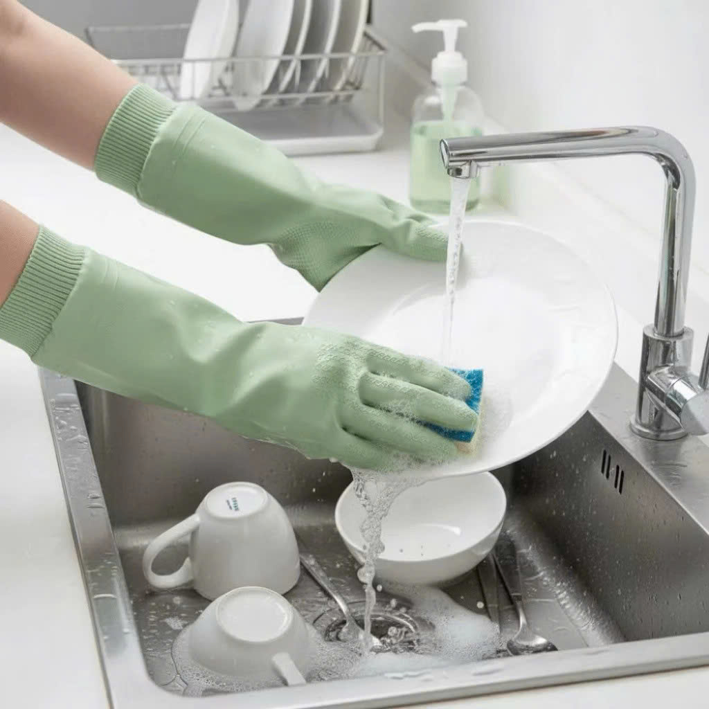 Găng Tay Cao Su Lót Nỉ Dài 33cm – Chống Thấm Nước, Bo Chun Chống Trơn Trượt, Giữ Ấm - Găng Tay Rửa Bát, Dọn Dẹp, Bảo Vệ Tay- Hàng Loại 1-Chất Lượng Cao- Chính Hãng MINIIN