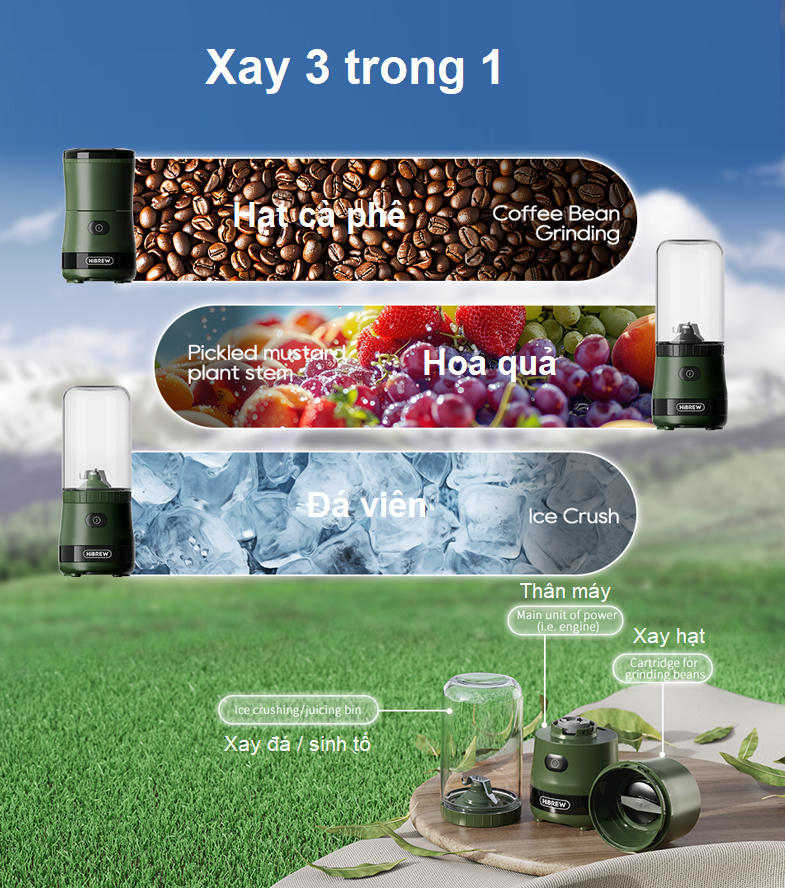 Máy xay hạt cà phê, sinh tố và đá viên dùng pin cầm tay 3 trong 1 đa năng. Thương hiệu Mỹ cao cấp HiBREW - G2. Hàng chính hãng