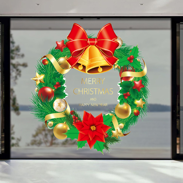 Decal trang trí Noel hít tĩnh điện - Vòng nguyệt quế xanh kết hợp chuông vàng