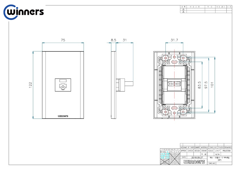 Bộ ổ cắm LAN đơn Winners TMP2-73010 sản xuất tại Hàn Quốc, chất liệu nhựa chống cháy, sử dụng điện 220VAC phù hợp lắp cho các đế âm tường chữ nhật tại Việt Nam