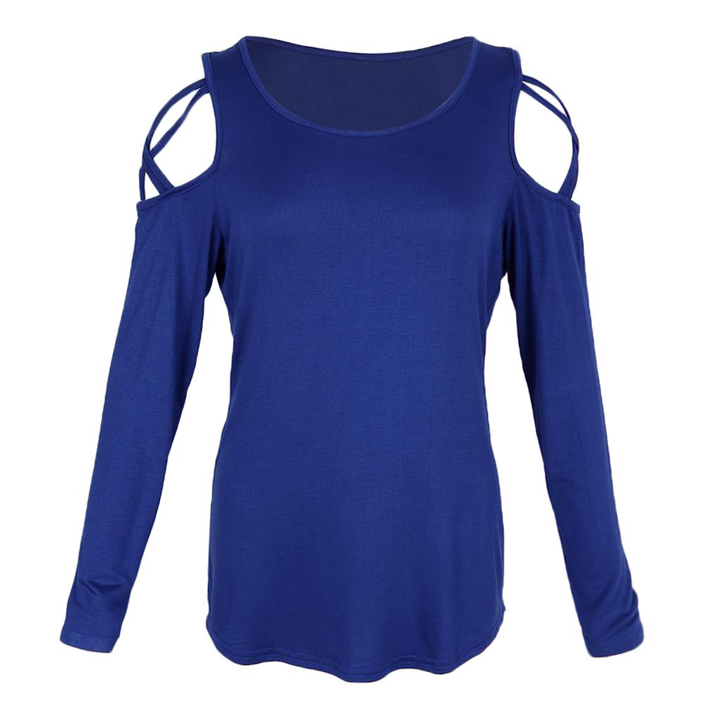 Women Solid Strappy Cold Shoulder Tops Long Sleeves T Shirt Blouse