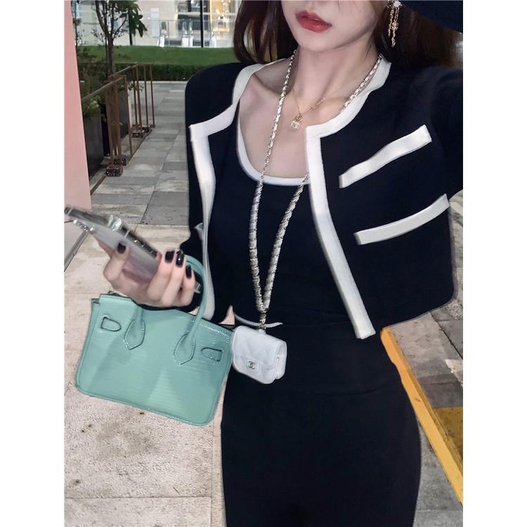 Áo Khoác Cardigan Dệt Kim Croptop Set Tay Dài Màu Trơn Thời Trang Hàn Quốc Cho Nữ A-8