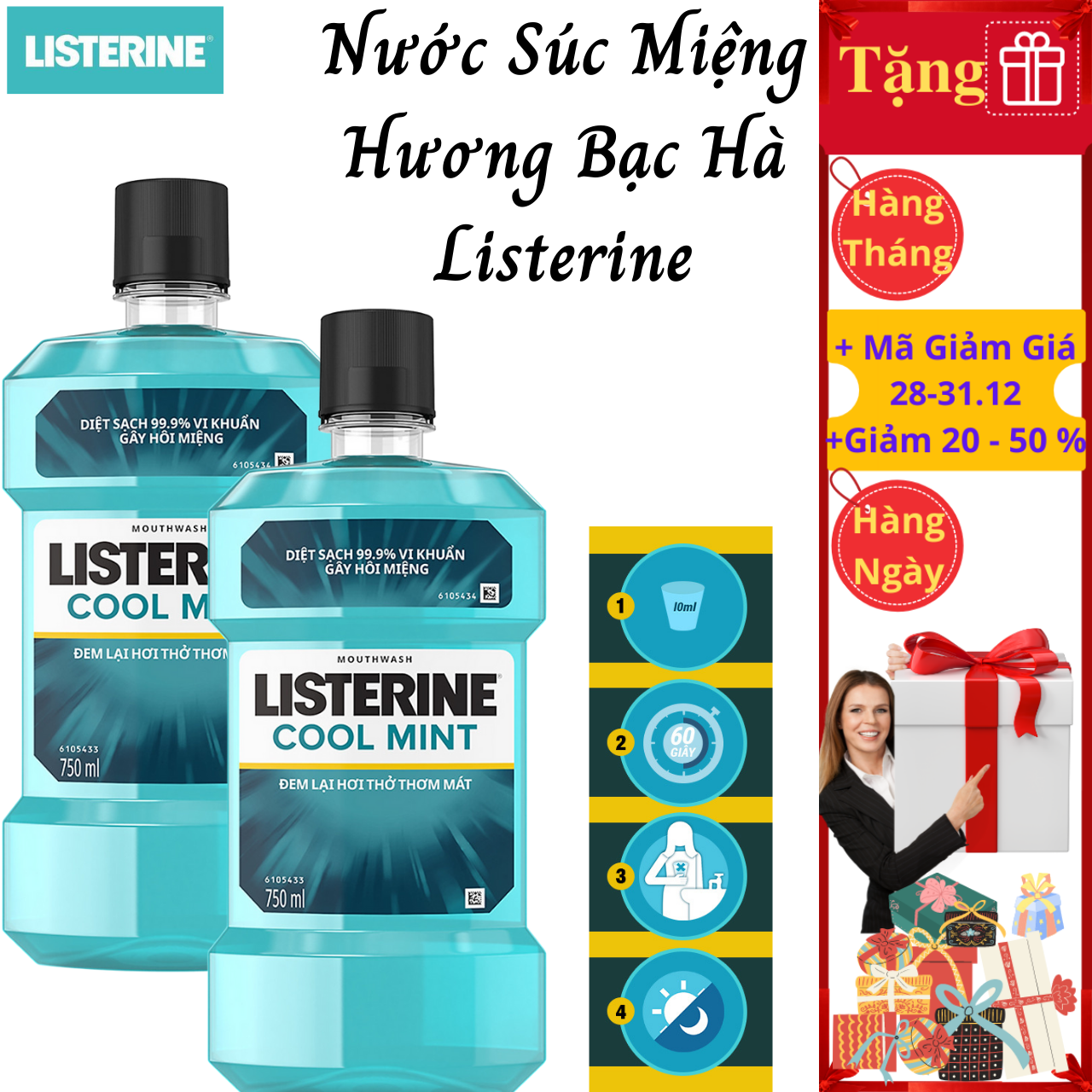 Combo 2 Nước Súc Miệng Hương Bạc Hà Listerine Cool Mint (750ml/Chai)