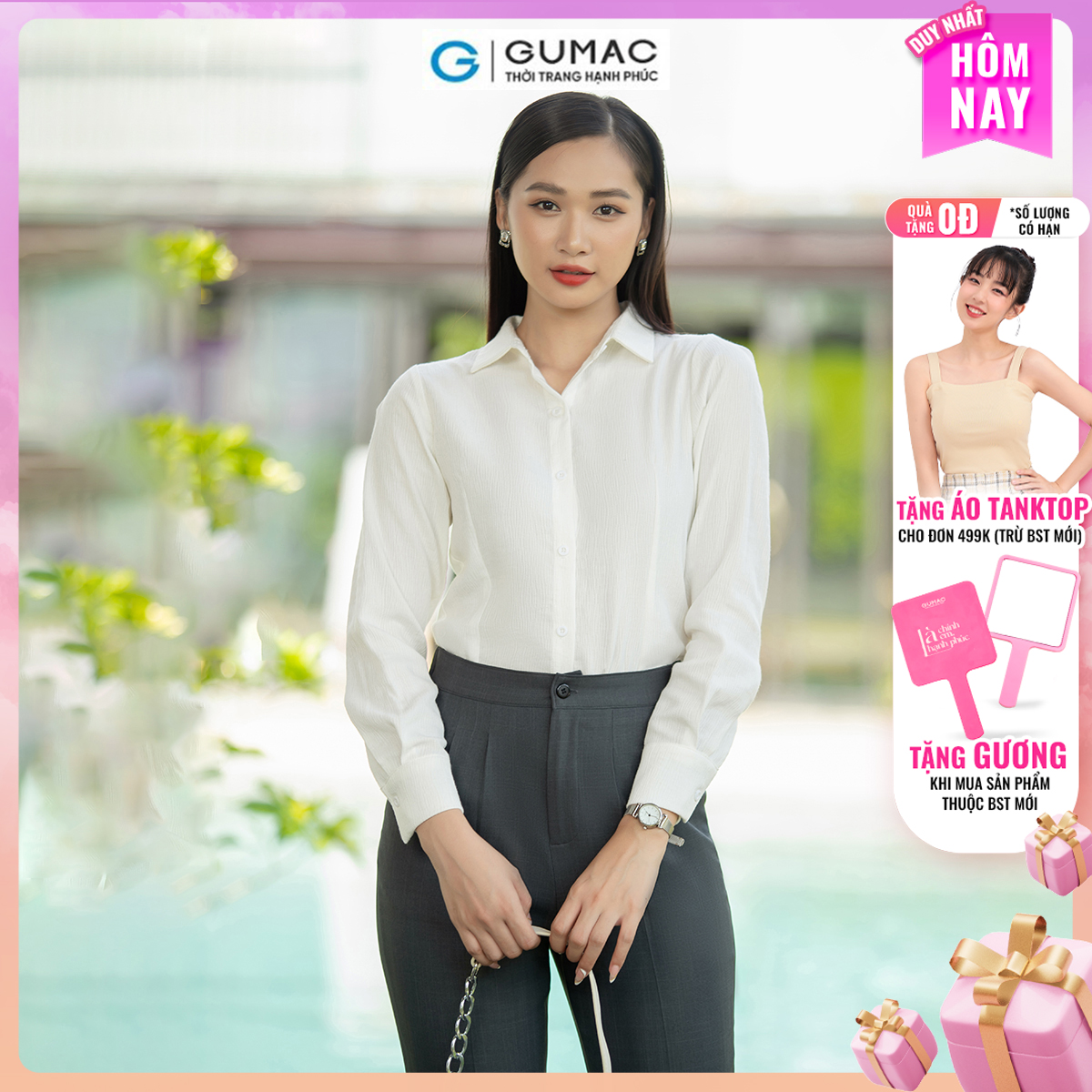 Áo sơ mi nữ slim tay dài vải ánh gân công sở thanh lịch thời trang GUMAC AD07046