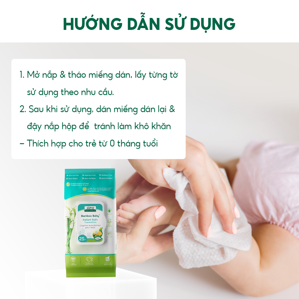 Khăn tắm dùng 1 lần hương hoa hồng dành cho bé Aleva Naturals (25 cái/gói)