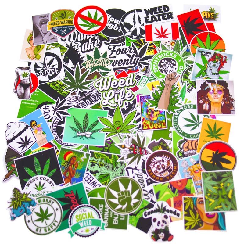 Hộp 100 Sticker Weed dán Laptop, Vali, Mũ bảo hiểm, Điện thoại, Xe máy, hình dán chủ đề Weed