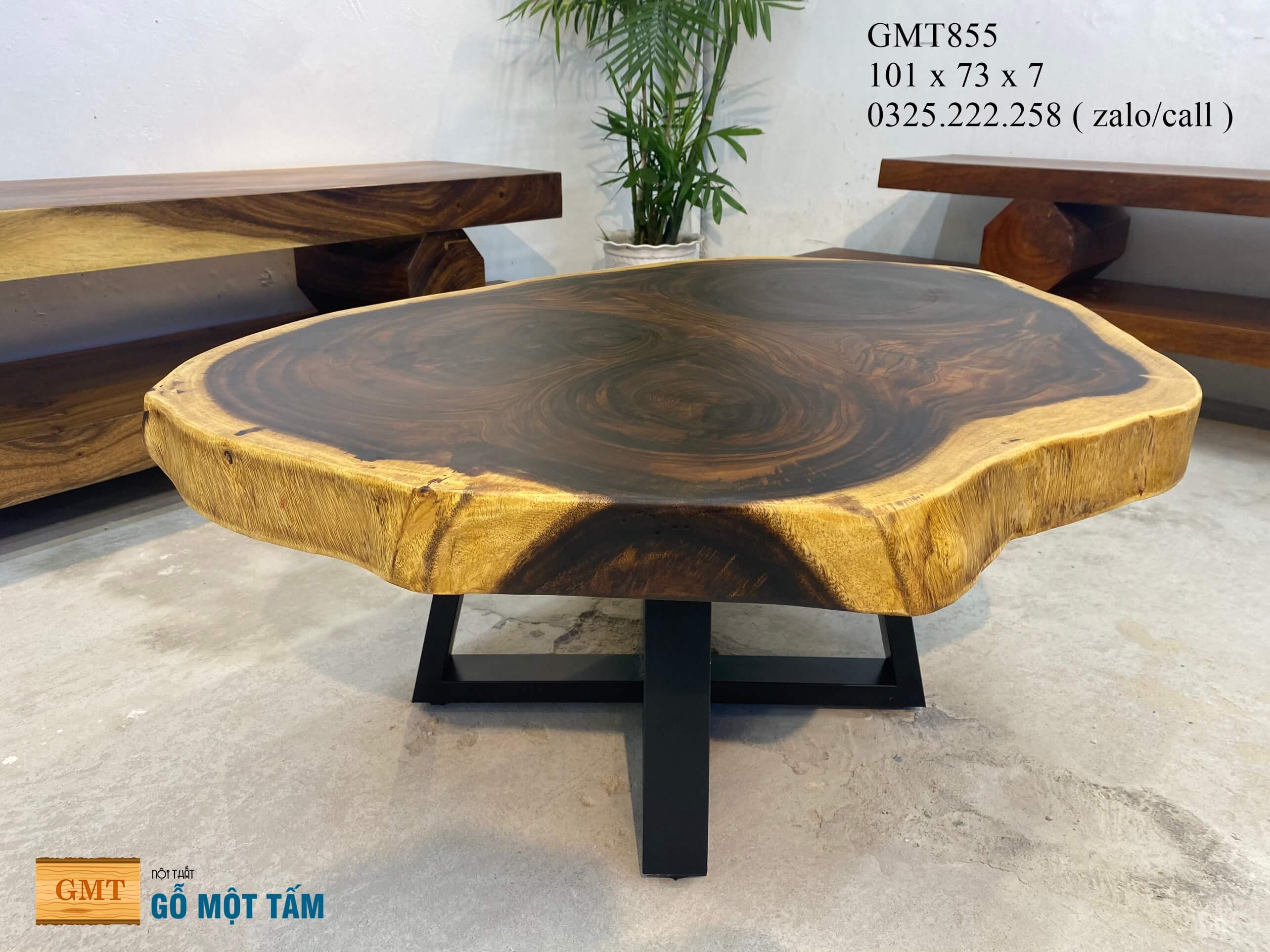 Bàn sofa gỗ me tây nguyên tấm, bàn trà gỗ me tây nguyên tấm, bàn gỗ me tây nguyên tấm dài 1,01m rộng 73cm dày 7cm