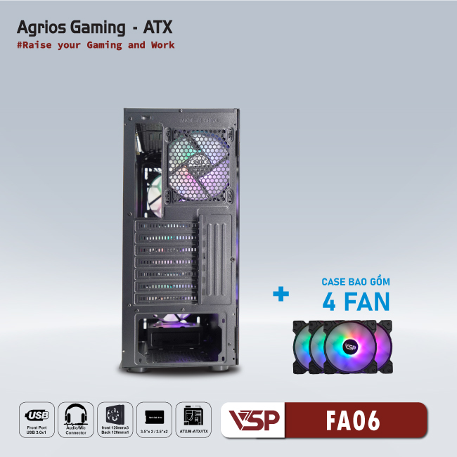 Vỏ máy tính Case VSP FA06 sẵn 4 Fan LED ARGB Gaming Kính cường lực - Hàng chính hãng Tech Vision phân phối