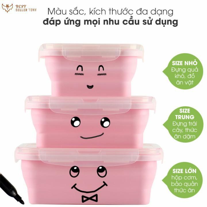 Bộ 3 hộp đựng thức ăn Silicon xếp gọn Baby hồng phần
