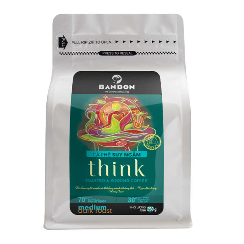 Cà phê phin nguyên chất rang xay mộc sạch BANDON THINK 250g đắng dịu, thơm ngát. Cà phê đặc sản (30% Arbica Cầu Đất Full wash, 70% Robusta Buôn Ma Thuột Dry)